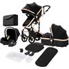 Magic ZC Passeggino Trio, Passeggino 3 in 1 con Spinta Reversibile a Due Vie, Trio Passeggini Neonati con Accessori, Carrozzina per Neonati con Design Portatile Pieghevole Un Clic (588 Black Gold)