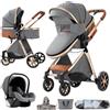 Nine point nine Trio Passeggino Neonati, Passeggino 3 in 1 con Doppia Modalità Spinta Reversibile, Carrozzina per Neonati con Grande Nacelle, Passeggino Trio con Telaio in Alluminio (V9 Grey)