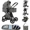 ALYIKOU trio passeggino neonati 3 in 1,Carrozzina reversibile fronte mamma e strada, Pieghevole，Con borsa mamma, portabicchieri, copertura antipioggia (3 in 1 V9 Grigio scuro)