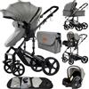 MoLi Passeggino Trio, Passeggino 3 in 1 con Doppia Modalità Push Reversibile, Trio Passeggino Neonati con Grande Navicella, Carrozzina per Neonati in Alluminio Pieghevole (588 Grey)