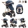 Kakbgee 3 in 1 Passeggino Combinato, Passeggino per Bambini con ECE R129 Seggiolino Auto, Telaio in Alluminio ad alto Campo visivo Carrozzina (22KG, 0-4 Anni)