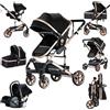 Prokoke Passeggino Trio, Passeggino 3 in 1 Design Pieghevole in Un Clic, Trio Passeggini Neonati con Due Modi Reversibili per Spingere, Tris con Lega di Alluminio a Cornice (739 Black Gold)