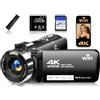 Gtonster Videocamera 4K con scheda SD da 64 GB, videocamera Vlogging WiFi da 56 MP per YouTube, visione notturna IR, touch screen da 3 pollici, zoom 18x, webcam e telecomando, nero