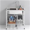 Locuetyn Lavello a vasca singola in acciaio inox con supporto, autoportante, per ristorante, cucina, set con cestello di scarico e rubinetto caldo e freddo, per lavanderia, cortile, garage all'aperto