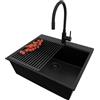 PRIMAGRAN Lavandino da Cucina Tutto Nero 58x50cm, Lavello in Granito a 1 vasca + Rubinetto 40x38cm + Set di accessori, Lavabo da Cucina Incasso al Mobile 60cm - Oslo Top S386