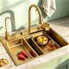 DSMRLEOP Lavello da cucina, 1 bacino dorato, con rubinetto estraibile, lavabi in vetro e tutti gli accessori, lavello da cucina in acciaio inox, rettangolare, intelligente a cascata (85 x 50 cm)