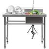 Queeucaer Lavello in acciaio inox con 1 lavandino (a destra) 201 in acciaio inox 100 x 60 x 93 cm, tubi per acqua calda, dispositivo di scarico, per esterni, interni, cucina, ristorante