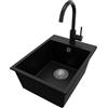 PRIMAGRAN Lavandino da Cucina Nero 38x50cm, Lavello in Granito a 1 vasca + Rubinetto 32x20cm + Set di accessori, Lavabo da Cucina Incasso al Mobile 40cm - Riga S045