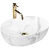 Rea Lavabo da Appoggio Amelia Marmo Shiny Lavandino bagno 480 x 345 x 135 mm Ceramica (Bianco, Imitazione Marmo)