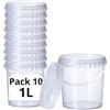 GROWMANIA.ES GROWMANIA Confezione x10 Secchio in plastica 1L trasparente con manico - Tupper ermetico adatto per alimenti, liquidi e vernici - Barattolo portaoggetti - Barattolo contenitore resistente