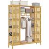 HOMCOM Guardaroba Aperto in Bambù 145x35x165cm Colore Legno Naturale | con 2 Ante Scorrevoli, Appendiabiti con Ripiani Aperti