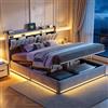 BRILVERDE Letto Imbottito 140x200 con Contenitore, Letto Matrimoniale con Illuminazione a LED, Ricarica USB, testiera con Tasche Laterali, Ripiani, Letto per Ragazzi con Rete a doghe, Velluto Grigio