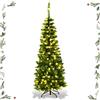 GYMAX Albero di Natale Slim 140 cm, 150 Luci Incorporate, Luce Calda Bianca, 226 Rami Folti in PVC, Design Automatico e Divisibile per Montaggio e Trasporto, Supporto Pieghevole in Ferro, Verde