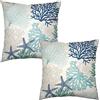 Cryfox Federe per cuscini Corallo 16x16 Set di 2 Federe decorative estive per divano, letto o sofà, colore: blu mare, spiaggia, conchiglie, stelle marine, protezione per cuscino da esterno
