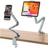OMOTON Supporto per tablet in alluminio per scrivania, girevole a 360° per iPad, supporto regolabile per telefono da letto con braccio stabile, adatto per tutti gli iPhone/tablet fino a 12, Grigio