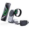 AMEGAT Stazione Ricarica 3 in 1 Qi2, Caricatore Wireless Pieghevole 15W Compatibile con Magsafe, Charging Station per Apple Watch e iPhone serie 16/15/14/13/12, AirPods (con Caricatore USB-C), Grigio