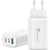 Techmade Caricatore Rapido 3 Porte - 2 USB-C + 1 USB-A, Fast Charger Multi Porta, Compatibile iPhone, Samsung, Huawei, Xiaomi, MacBook, iPad, Android - Colore Bianco