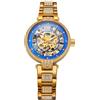 BOLYTE Orologio da donna automatico e manuale, quadrante scheletrato, fondello trasparente, cinturino in acciaio inox tempestato di cristalli con chiusura a farfalla, Oro - Blu reale, moderno