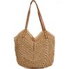 VODIU Borse a tracolla in paglia per donna Borsa da viaggio in spiaggia di estate di grande capacità PU manico in pelle borsa Shopper, Cachi, Large