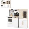 HOMASIS Set Cucina 2 Pezzi con Luci e Suoni, Cucina in Legno con Poster Didattico Interattivo, Macchinetta del Caffè, Frigorifero, Microonde, per Bambini dai 3 Anni in Su, Bianco