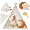 Mamabrum Tenda per bambini interna beige foresta con tappeto imbottito, cuscini decorativi e ghirlanda LED, capanna da gioco camera da letto da 3 anni