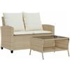 vidaXL Divano Giardino 2 Posti con Cuscini e Tavolo Beige Polyrattan, Divano da Esterno, divanetto da Giardino, Divano da Giardino a Due posti