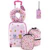 SOARS Set di 5 Pezzi Valigia 16'' + Zaino 13'' per Bambini, Bagagli 5-in-1 con Cuscino per Collo, Borsetta da Pranzo e Etichetta, Trolley con Maniglia Telescopica e Ruote Universali (Rosa Gufo)