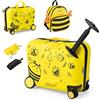 GYMAX Set di 2 Pezzi Valigia e Zaino per Bambini, Trolley Bagaglio a Mano Cavalcabile con Cinghia e Tracolla, Valigia Rigida da 47 cm con Ruote e Zaino da 30 cm, Regalo per Bambino e Bambina