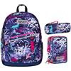 Seven Zaino Scuola Doppio Scomparto New Fit, GraffitiMix Viola Tasca Porta Borraccia, Bambini e Ragazzi + Astuccio 3 Zip + Portpenne