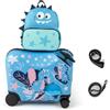 COSTWAY Valigia Cavalcabile per Bambini, 18 Valigia+ 12 Zaino,2 Pezzi, Trolley Bambini Bagaglio a Mano con Ruote Girevoli e Maniglia Retrattile, 2 Cingie Multiuso (Modello 8)