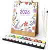 Lebartm Calendario 2026, kit da dipingere con i numeri, per adulti, 12 diverse piante verdi, fiori in vaso, dipinti a olio, dipinti a mano, calendario da scrivania per la pianificazione di casa e