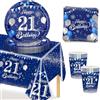 MORAINJAY 53 Pezzi Set Stoviglie Compleanno Blu Argento per 21°, 21 Anni Stoviglie per Feste Include Tovaglioli,Piatti,Tovaglia,Uomo Donna Decorazioni Festa Compleanno -16 Ospiti