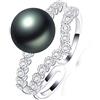 BISONBLUE Anello Anelli Gioielli Donna Uomo Regalo Anello Di Perle D'Acqua Dolce Naturali Con Zirconi Di Lusso Anelli Di Perle Regolabili Per Feste Di Moda Per Donne Ridimensionabili Neri