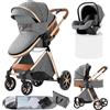 Oubeauou Passeggino combinato 3 in 1, bidirezionale con navicella, regolabile 105-180°, pieghevole semplice, 4 ruote (YV9-GREY)
