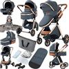 Prokoke Passeggino Trio, Trio Passeggino Neonati con Due Modi Reversibili per Spingere, Passeggini 3 in 1 con Una Lega di Alluminio a Cornice, Tris con Design Pieghevole in Un Clic (225 Denim Blue)