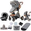 Magic ZC Passeggino Trio, Passeggino 3 in 1 con Spinta Reversibile a Due Vie, Trio Passeggini Neonati con Accessori, Carrozzina per Neonati con Design Portatile Pieghevole Un Clic (V9 Grey)