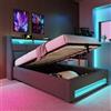 Autheria Letto Singolo con Contenitore 90x200 cm con LED e USB, Letto imbottito con Vano Portaoggetti e Testiera, Letto contenitore con spazio e rete a doghe, Struttura Letto
