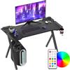 YRHome Scrivania da gioco a LED con telaio a Y, stabilità grazie ai piedini antiscivolo, tavolo da gioco con illuminazione RGB e telecomando, supporto per cuffie e bicchieri, nero, 140 x 60 x 75 cm
