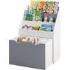 HOMASIS Libreria per Bambini con Ruote, Scaffale per Libri, Portariviste con Cassetto, Mobile Portagiochi e Portalibri Cameretta, Scaffale a 3 Ripiani in Legno, 50 x 28 x 70 cm, Grigio e Bianco