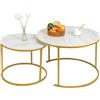 OHMG Set di 2 Tavolino con aspetto marmo, tavolino per soggiorno, diametro 70+50 cm, grandi tavolini a incastro rotondi, aspetto marmo e struttura in acciaio dorato (Bianco+oro - 60 * 60 * 45&40 * 40