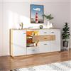 Lexiou Credenza moderna con ampio spazio di archiviazione, con illuminazione a LED, 160 x 40 x 77 cm, 2 ante, 4 cassetti, ripiano in vetro, effetto legno, bianco, mobili da soggiorno, organizer,