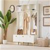 SUKY Set appendiabiti con panchina, bianco, 120 x 23,5 x 191,5 cm, multifunzionale, portaoggetti aperto, 6 ganci e piedi dorati, adatto per corridoio, soggiorno