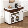 MURUL Carrello da cucina estensibile, Bianco/Noce, con prese elettriche, vetro smerigliato e un cassetto - Per cucina e sala da pranzo