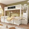 NuvlaGu Letto a castello per 3 bambini, 90 x 200 e 140 x 200 cm, in legno massello con lavagnetta, scala di archiviazione, 2 cassetti e armadio scaletta, letto a soppalco/letto a castello per ragazzi