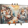 YS Quadro Borgo Costiero Italiano su Tela | Cinque Terre Amalfi Pittura | Oro Ocra Bianco Tramonto | 40x60 cm Incorniciato | Soggiorno, Sala da Pranzo Decor