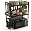 MAKA change your life quality MAKA Scaffale Cucina Estensibile in Metallo, Mensola Microonde Salvaspazio 2 Ripiani con Ganci e Cestello Laterale, Porta Spezie e Utensili, Struttura Resistente per Cucina Dispensa 39-64x32x76 cm