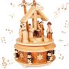 Brubaker Carillon in Legno - Presepe con Gesù, Maria e Giuseppe - Melodia: Astro del Ciel - Carillon Natalizio da 19 cm - Carosello Musicale con Stella di Betlemme e Cantori - Marrone Natura