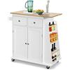 COSTWAY Carrello di Servizio Cucina con Ruote, 2 Cassetti e Portaspezie, Portasciugamani e 2 Porte, Ideale per Casa Ristorante e Bar, MDF + legno di gomma 88x45x89,5 cm (Bianco)