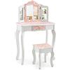 RELAX4LIFE Toeletta Trucco per Bambina, Specchiera Trucco con Sgabello e Cassetto, Toeletta in Legno, Specchio Rimovibile, per Bambini 3+ Anni (Zebra, 60 x 27,5 x 97,5 cm)