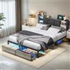 JOROBURO Letto imbottito in metallo 160 x 200 cm con contenitore, letto a due piazze con LED e funzione di ricarica USB, letto con cassetti e contenitore con testata, letto per ragazzi con rete a doghe, nero